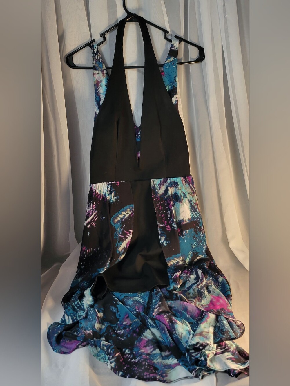 bebe Black Halter Dress with Blue, Purple & Teal Abstract Skirt